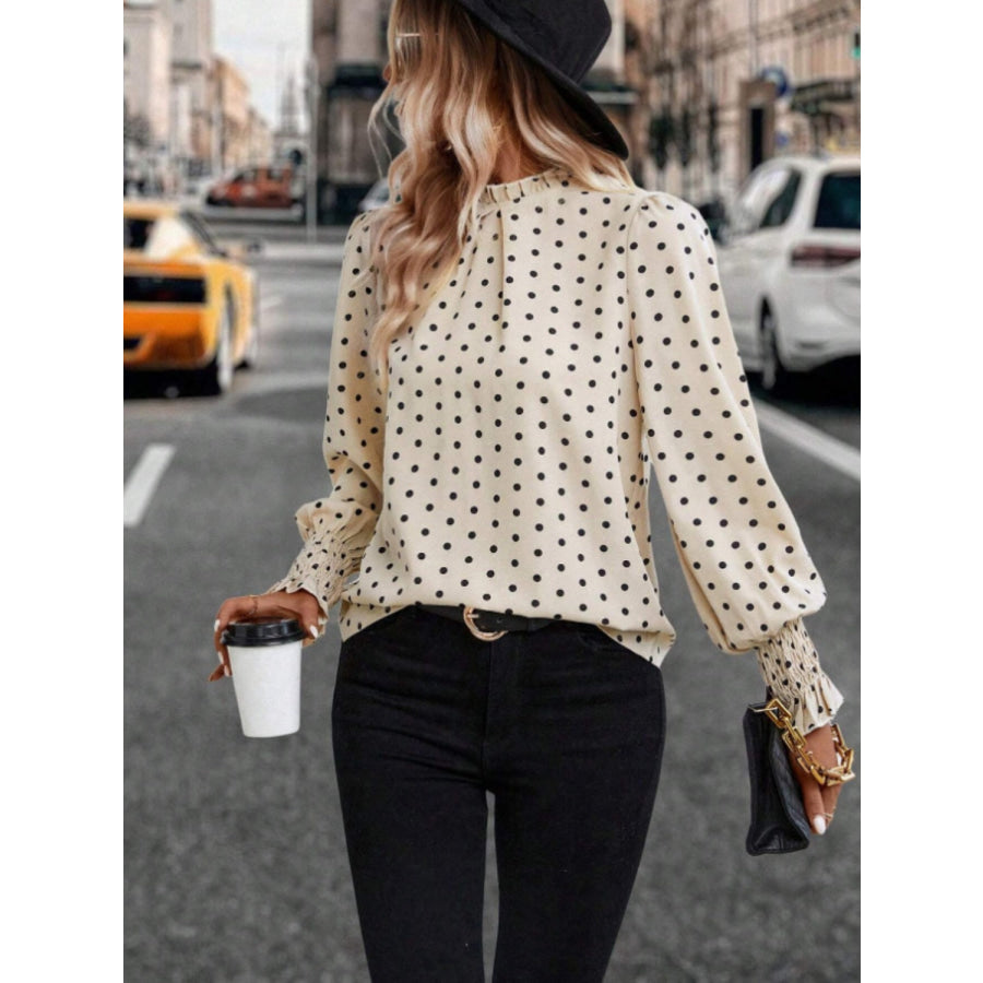 Polka Dot Mock Neck Long Sleeve Blouse Apparel and Accessories