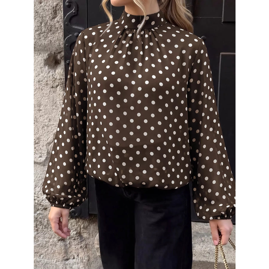 Polka Dot Mock Neck Long Sleeve Blouse Apparel and Accessories