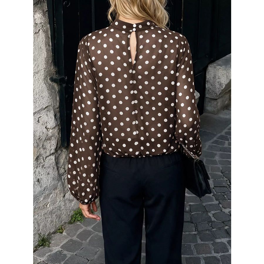 Polka Dot Mock Neck Long Sleeve Blouse Apparel and Accessories