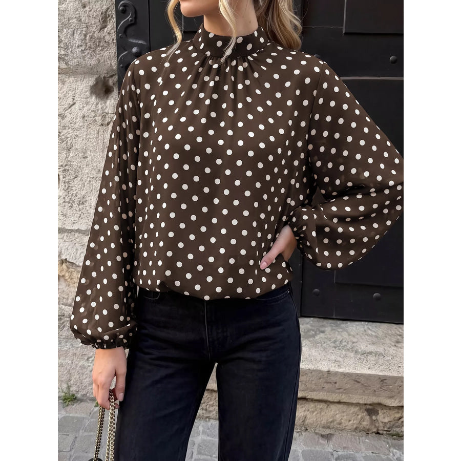 Polka Dot Mock Neck Long Sleeve Blouse Apparel and Accessories
