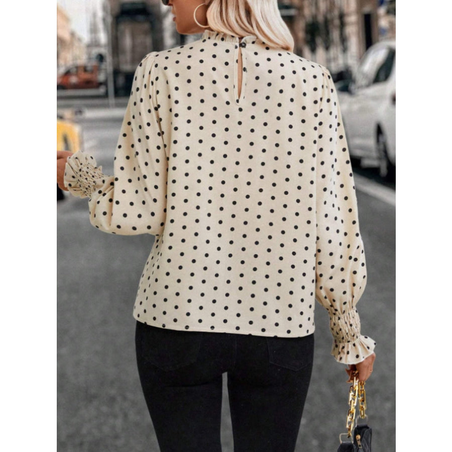 Polka Dot Mock Neck Long Sleeve Blouse Apparel and Accessories