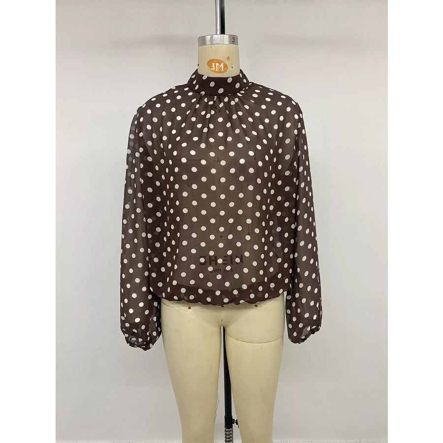 Polka Dot Mock Neck Long Sleeve Blouse Apparel and Accessories