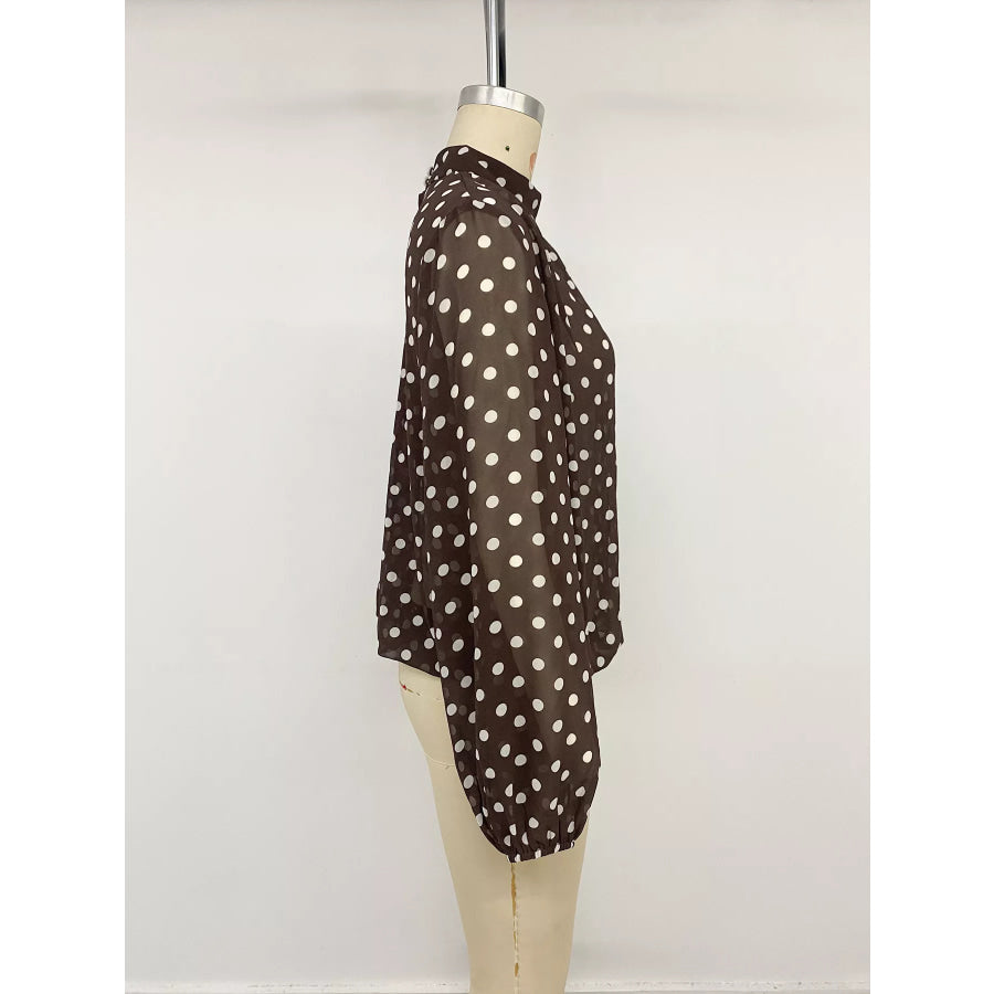 Polka Dot Mock Neck Long Sleeve Blouse Apparel and Accessories