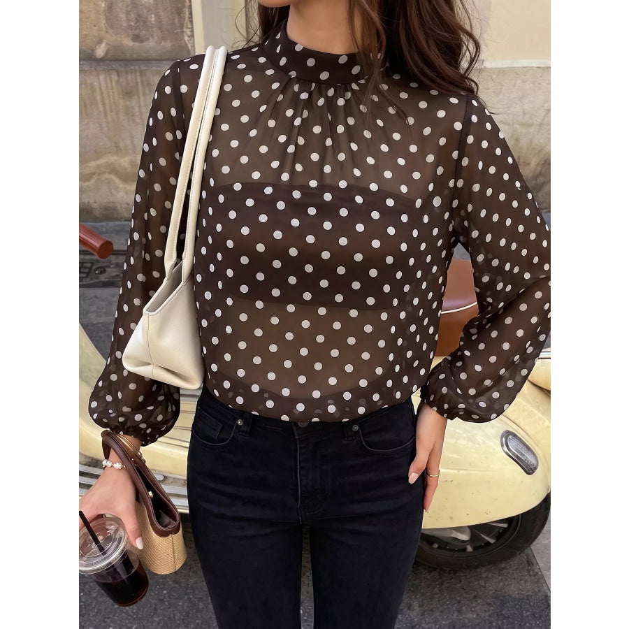Polka Dot Mock Neck Long Sleeve Blouse Apparel and Accessories
