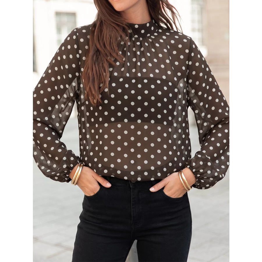 Polka Dot Mock Neck Long Sleeve Blouse Apparel and Accessories