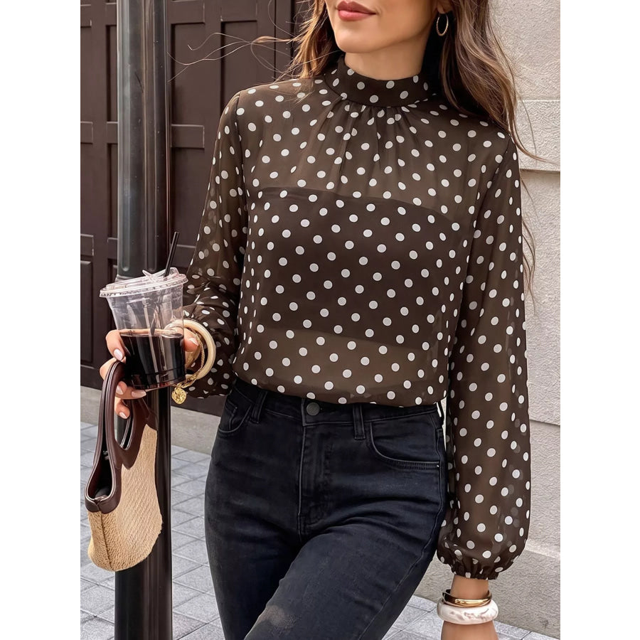 Polka Dot Mock Neck Long Sleeve Blouse Apparel and Accessories