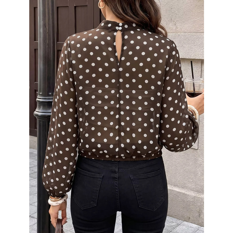 Polka Dot Mock Neck Long Sleeve Blouse Apparel and Accessories