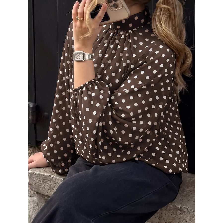 Polka Dot Mock Neck Long Sleeve Blouse Apparel and Accessories