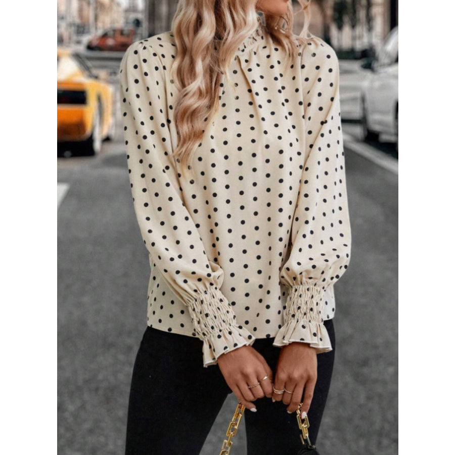 Polka Dot Mock Neck Long Sleeve Blouse Apparel and Accessories