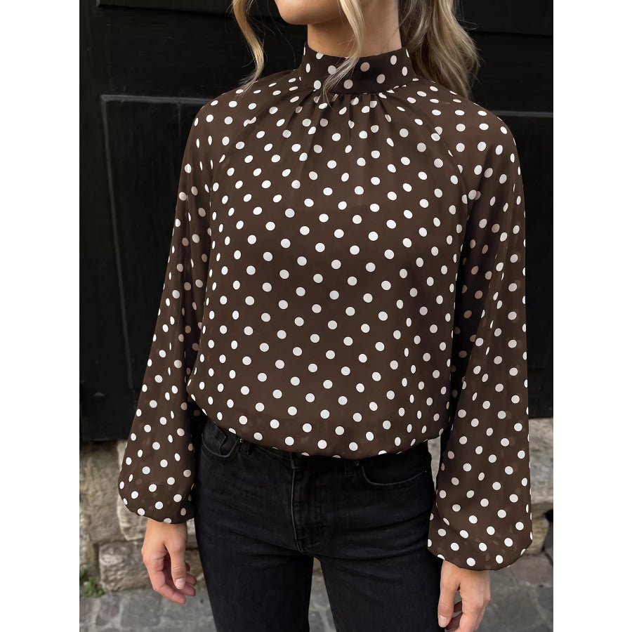 Polka Dot Mock Neck Long Sleeve Blouse Coffee Brown / S Apparel and Accessories
