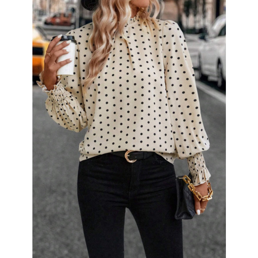 Polka Dot Mock Neck Long Sleeve Blouse Tan / S Apparel and Accessories