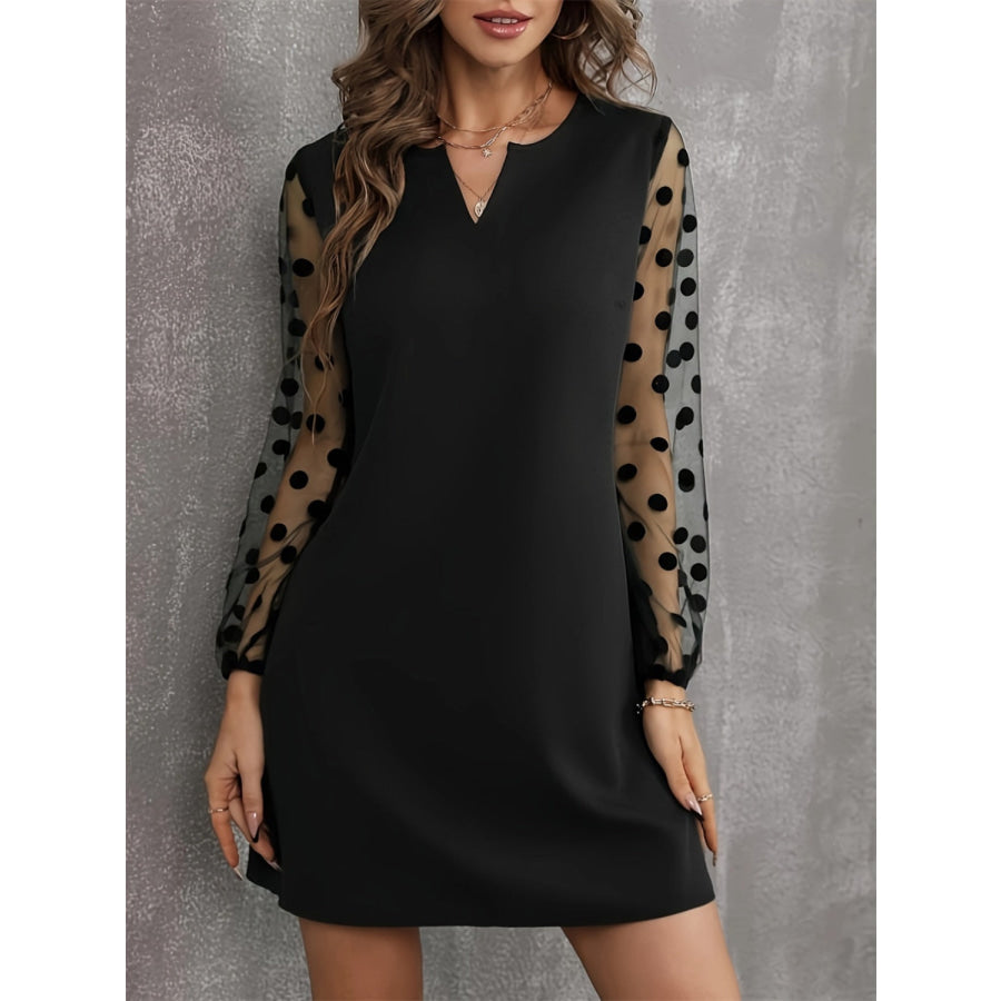 Polka Dot Notched Long Sleeve Dress Apparel and Accessories