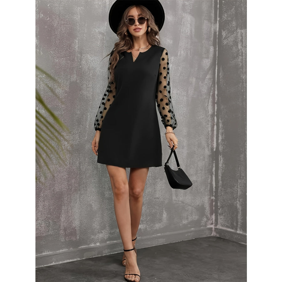 Polka Dot Notched Long Sleeve Dress Apparel and Accessories