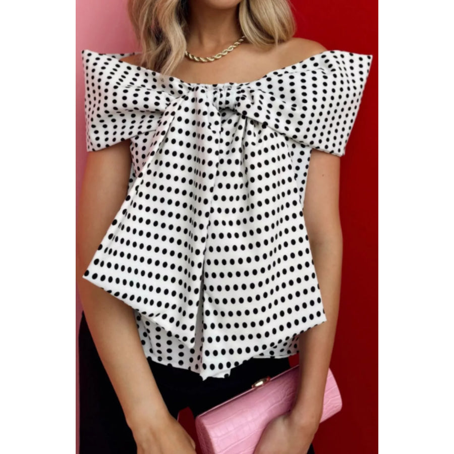 Polka Dot Off Shoulder Bow Knot Short Sleeve Blouse Apparel and Accessories