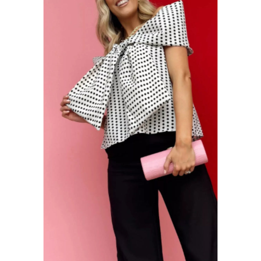 Polka Dot Off Shoulder Bow Knot Short Sleeve Blouse Apparel and Accessories