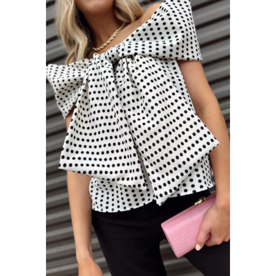 Polka Dot Off Shoulder Bow Knot Short Sleeve Blouse Apparel and Accessories