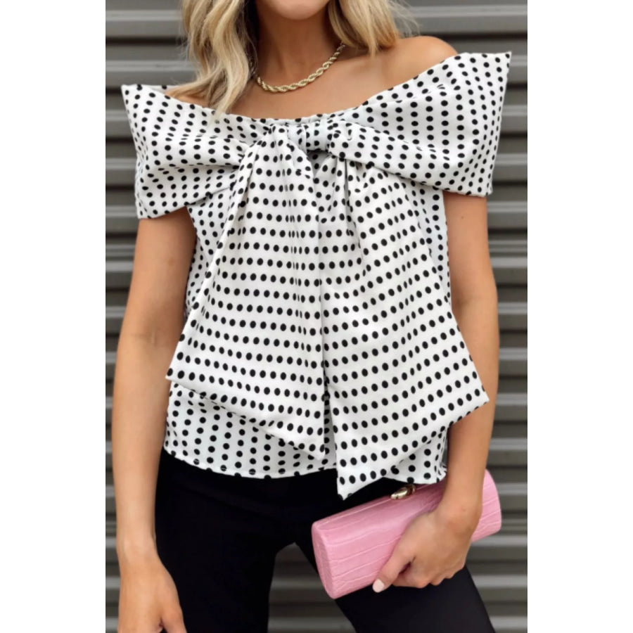 Polka Dot Off Shoulder Bow Knot Short Sleeve Blouse Apparel and Accessories