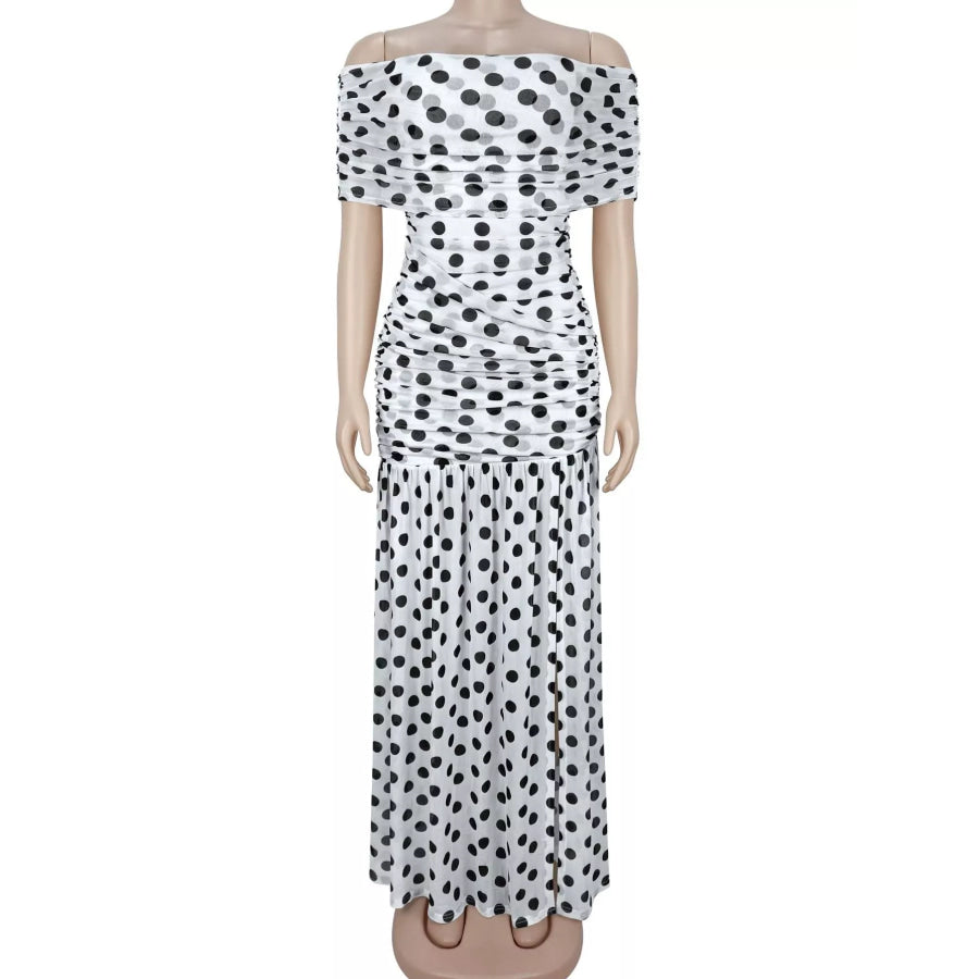 Polka Dot Off Shoulder Slit Maxi Dress Apparel and Accessories