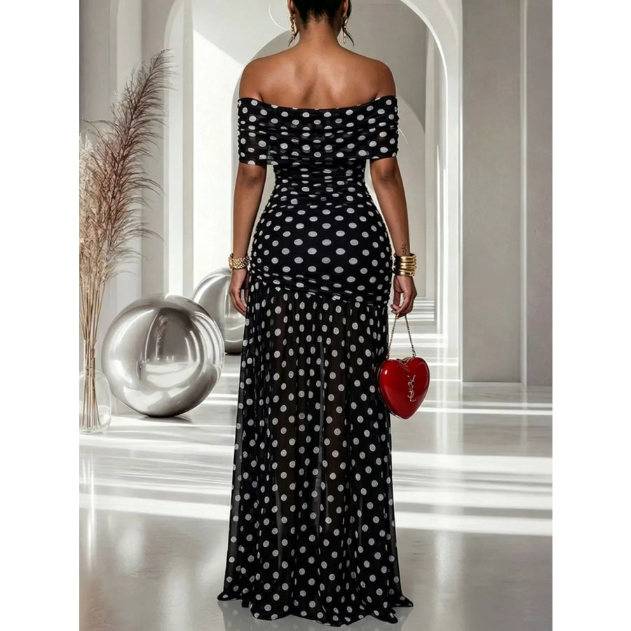 Polka Dot Off Shoulder Slit Maxi Dress Black / S Apparel and Accessories