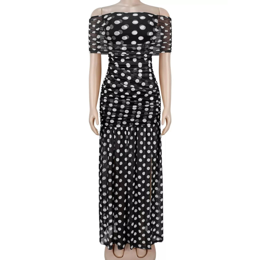 Polka Dot Off Shoulder Slit Maxi Dress Apparel and Accessories