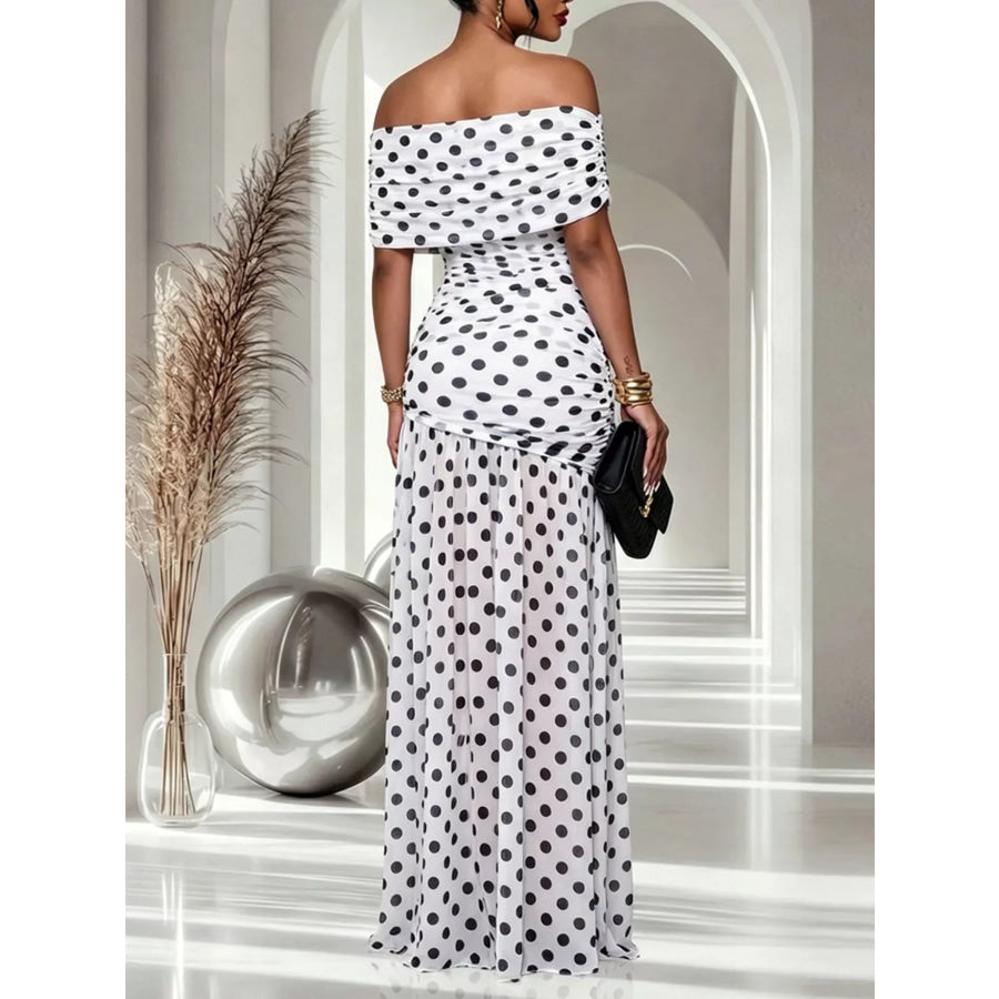 Polka Dot Off Shoulder Slit Maxi Dress Apparel and Accessories