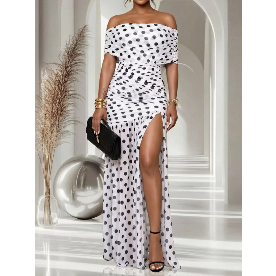 Polka Dot Off Shoulder Slit Maxi Dress White / S Apparel and Accessories