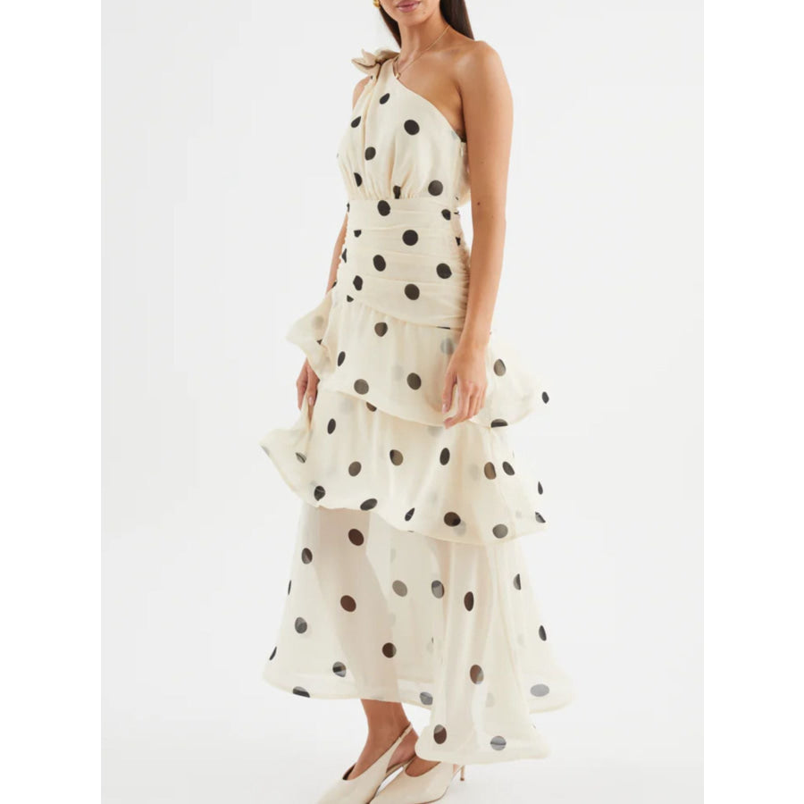 Polka Dot One-Shoulder Ruffle Dress Apparel and Accessories