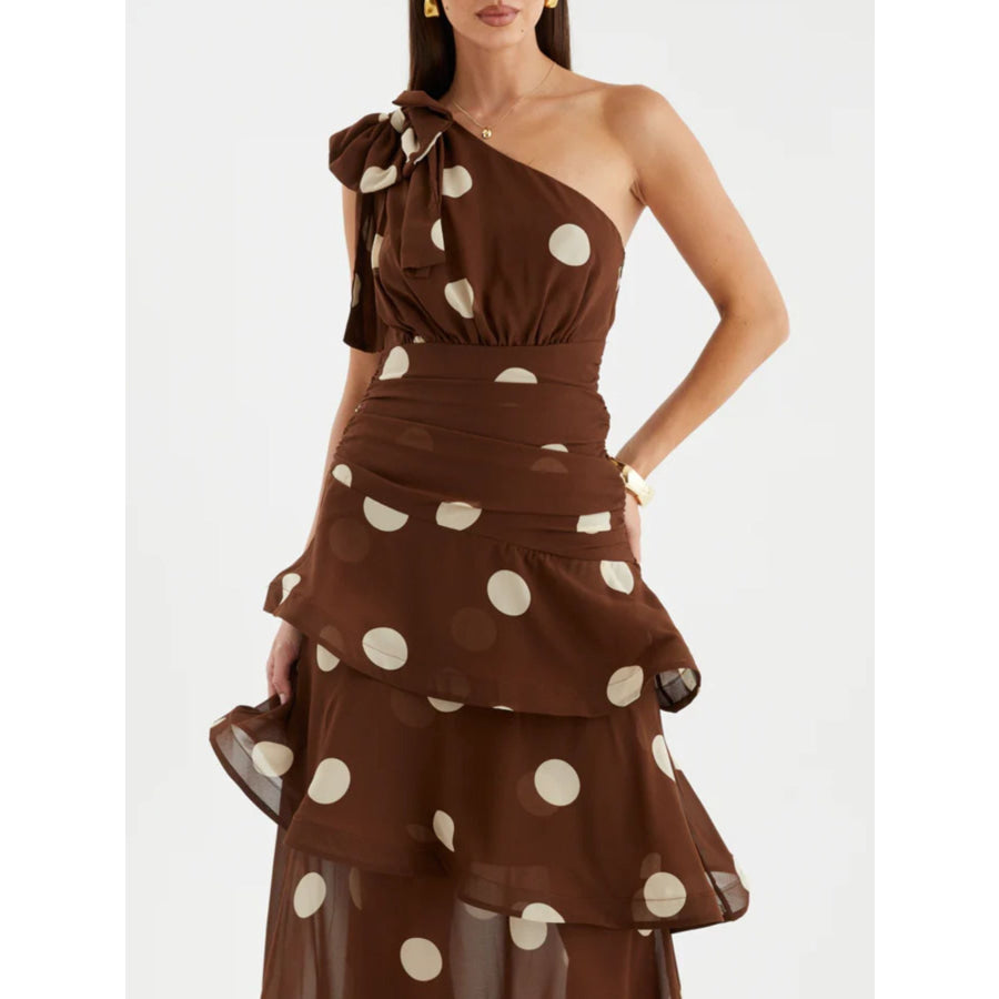 Polka Dot One-Shoulder Ruffle Dress Apparel and Accessories