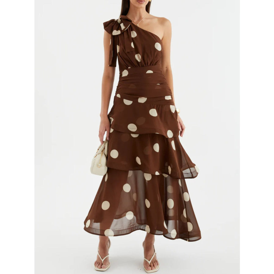 Polka Dot One-Shoulder Ruffle Dress Apparel and Accessories