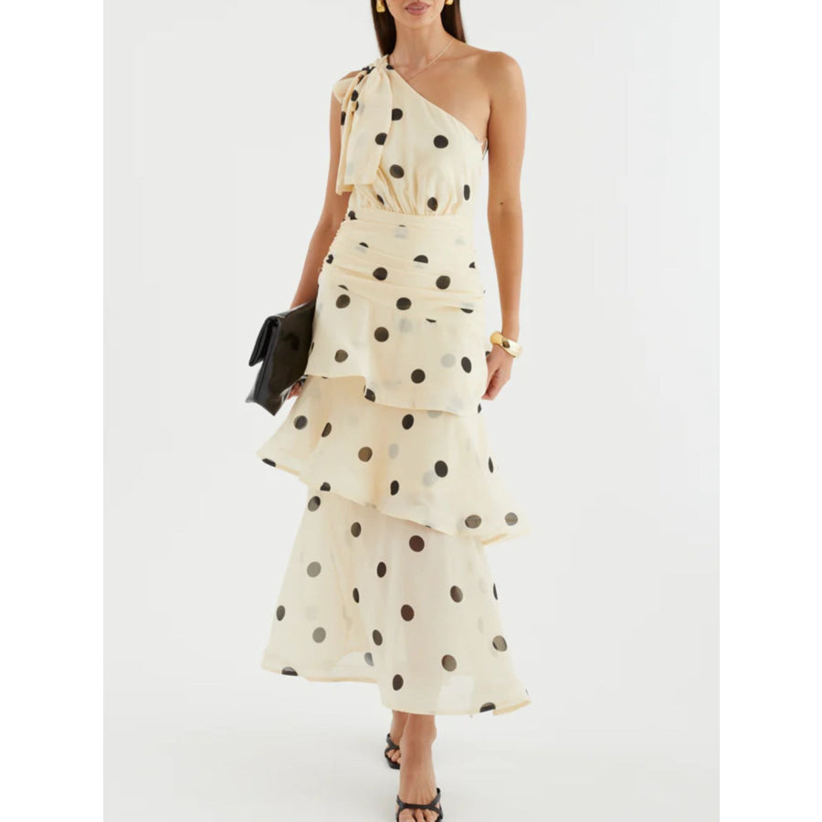 Polka Dot One-Shoulder Ruffle Dress Apparel and Accessories