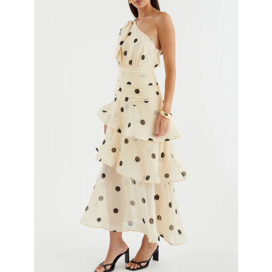 Polka Dot One-Shoulder Ruffle Dress Apparel and Accessories