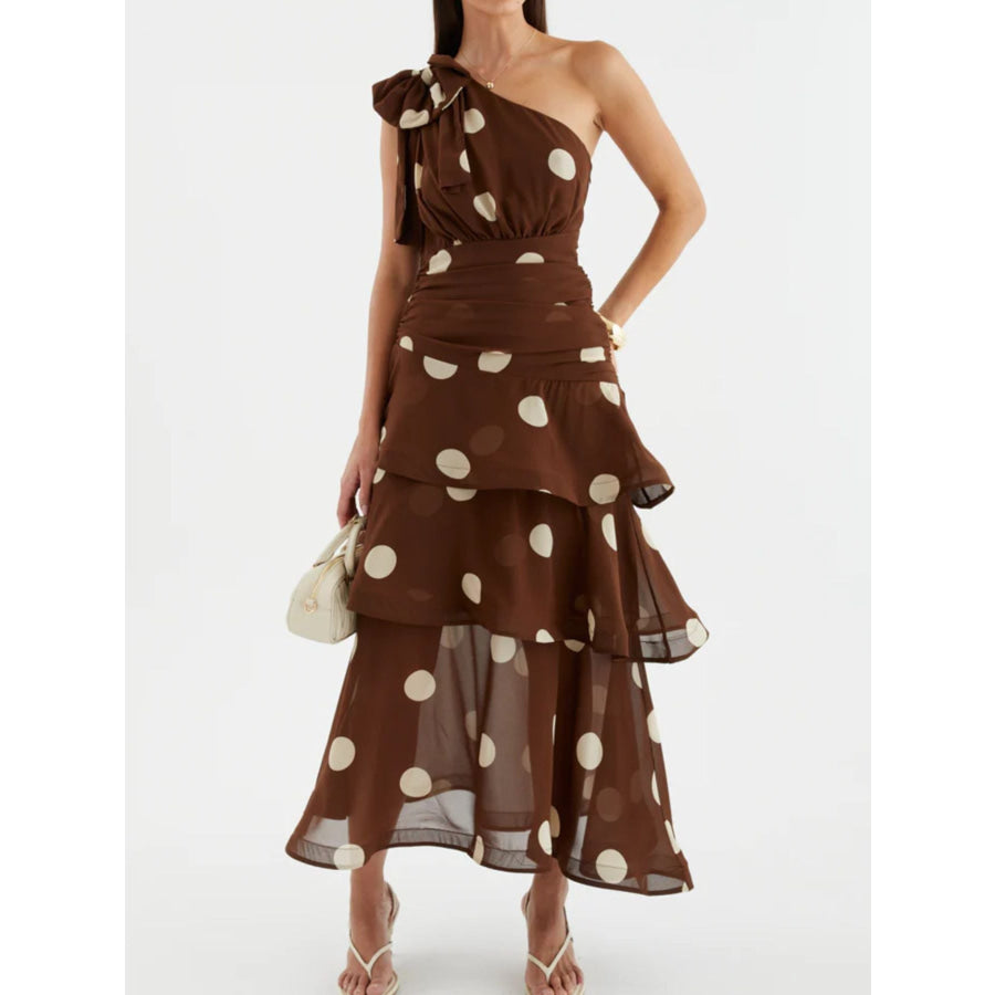 Polka Dot One-Shoulder Ruffle Dress Apparel and Accessories