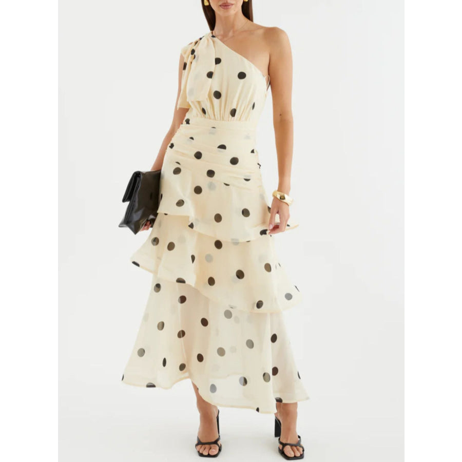 Polka Dot One-Shoulder Ruffle Dress Apparel and Accessories