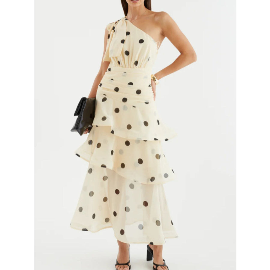 Polka Dot One-Shoulder Ruffle Dress Apparel and Accessories