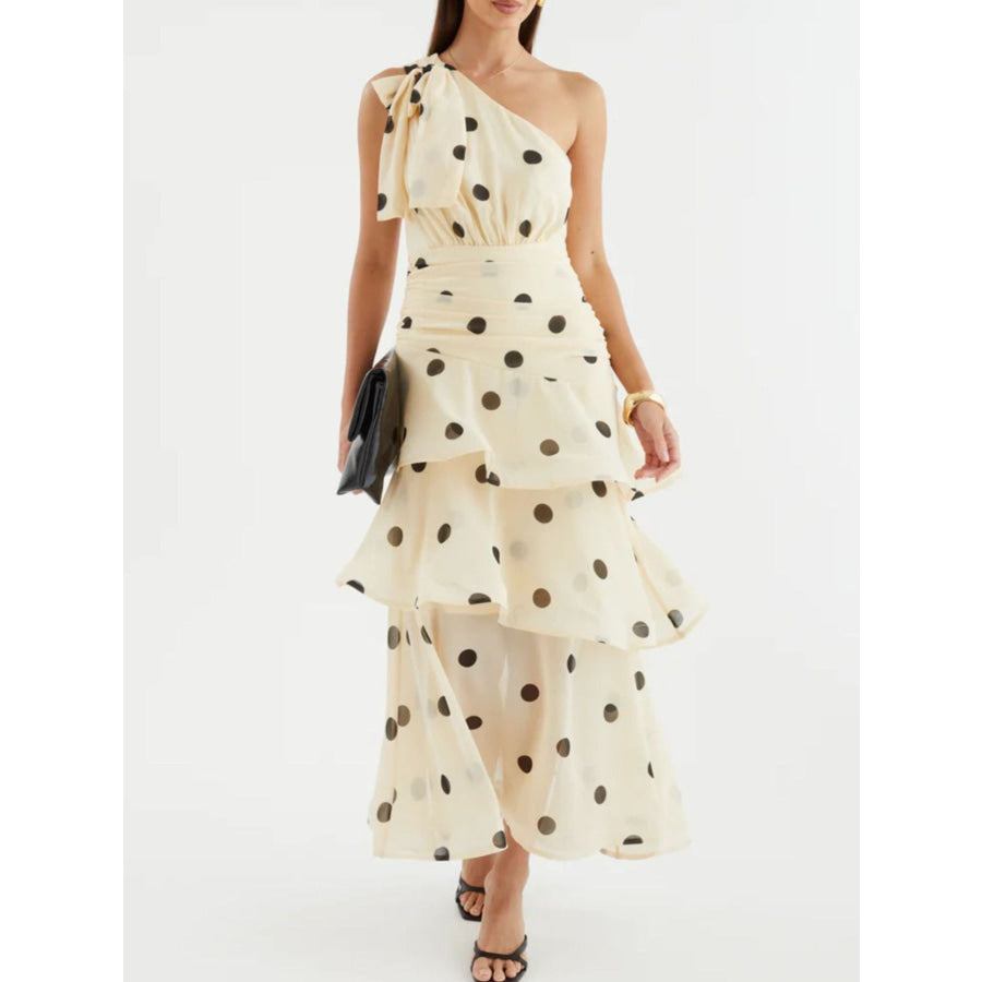 Polka Dot One-Shoulder Ruffle Dress Apparel and Accessories