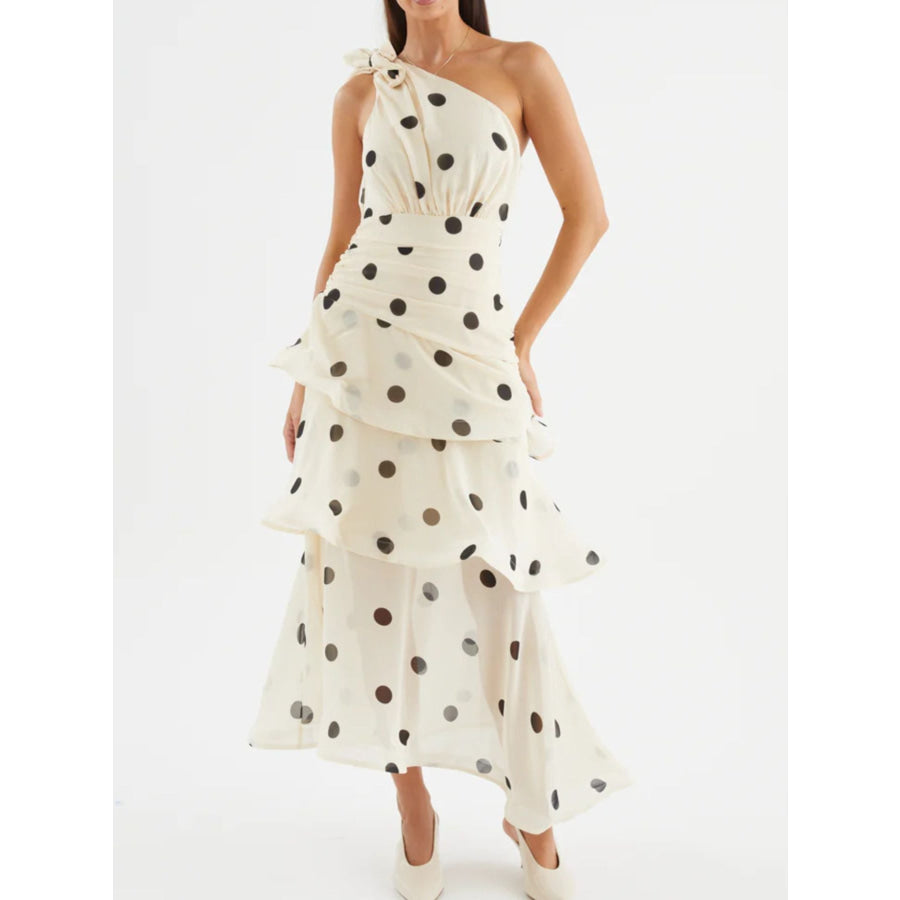 Polka Dot One-Shoulder Ruffle Dress Apparel and Accessories