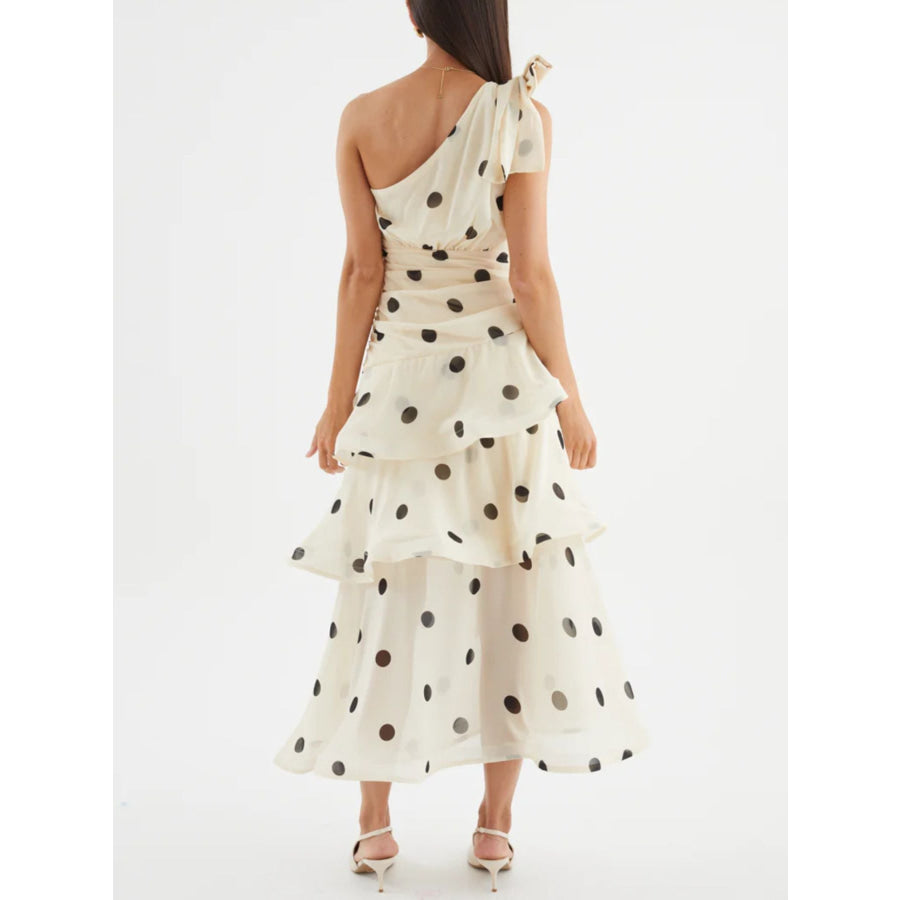 Polka Dot One-Shoulder Ruffle Dress Apparel and Accessories