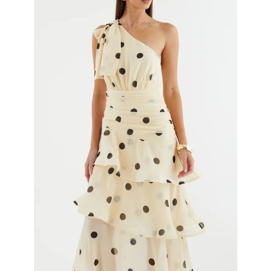 Polka Dot One-Shoulder Ruffle Dress Apparel and Accessories