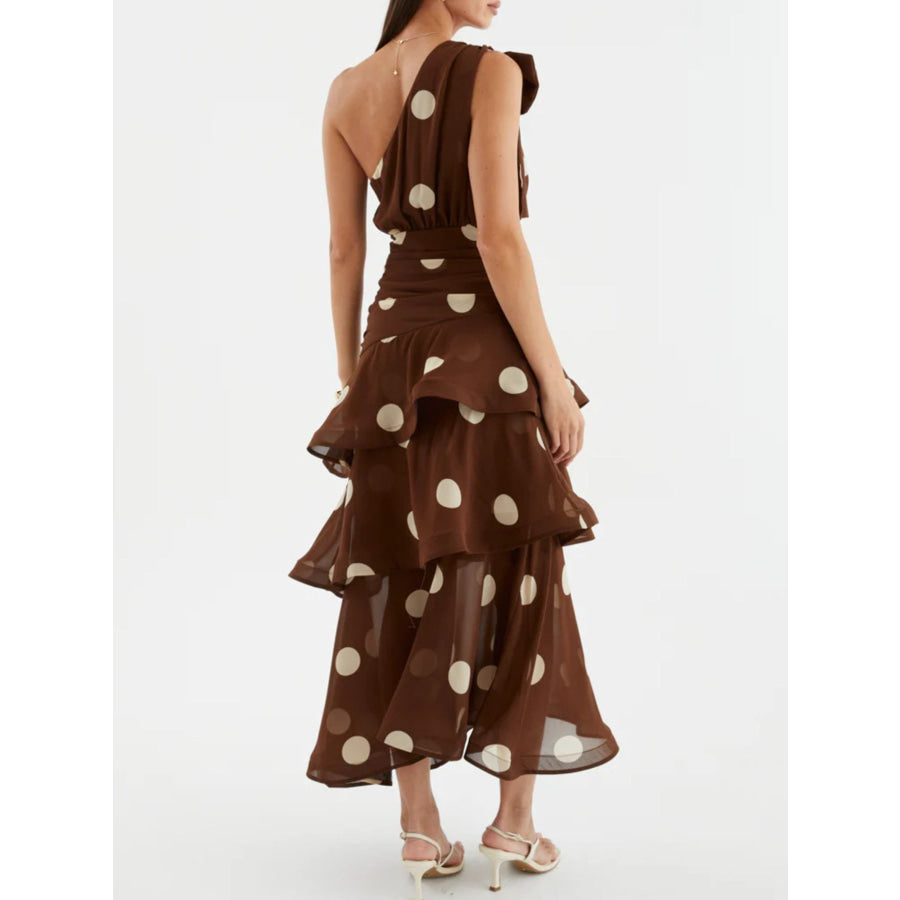 Polka Dot One-Shoulder Ruffle Dress Apparel and Accessories