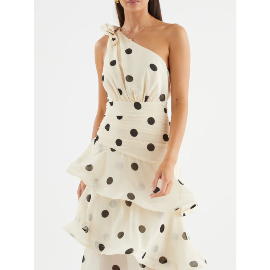 Polka Dot One-Shoulder Ruffle Dress Apparel and Accessories