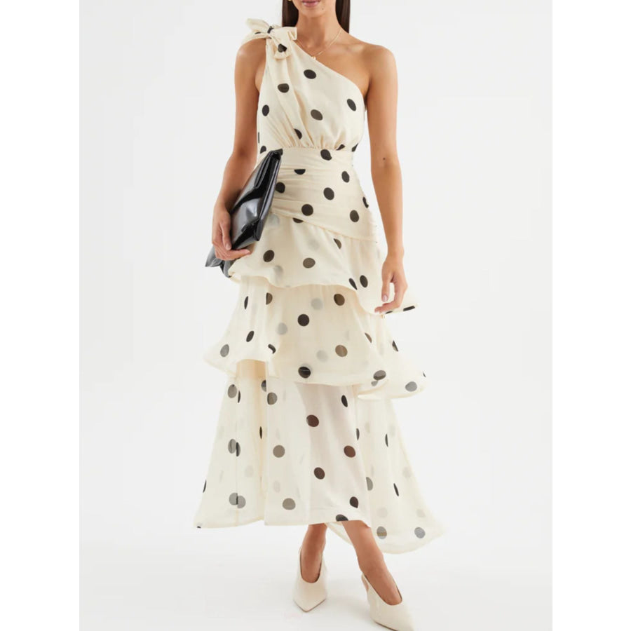 Polka Dot One-Shoulder Ruffle Dress Apparel and Accessories