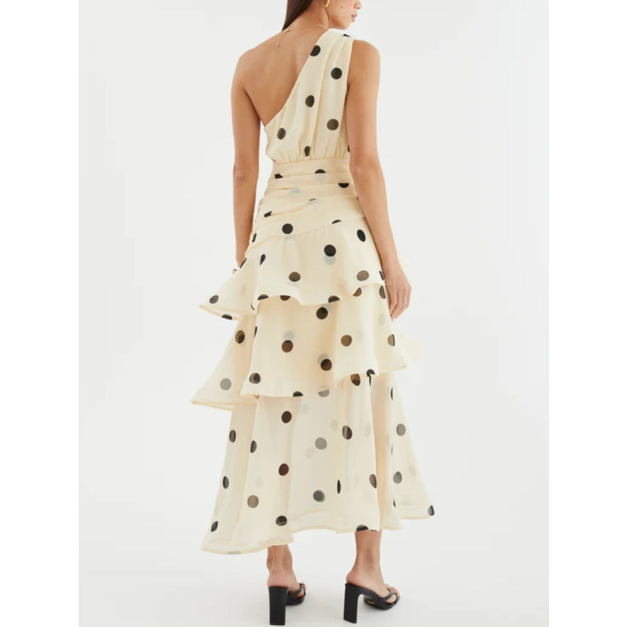 Polka Dot One-Shoulder Ruffle Dress Apparel and Accessories