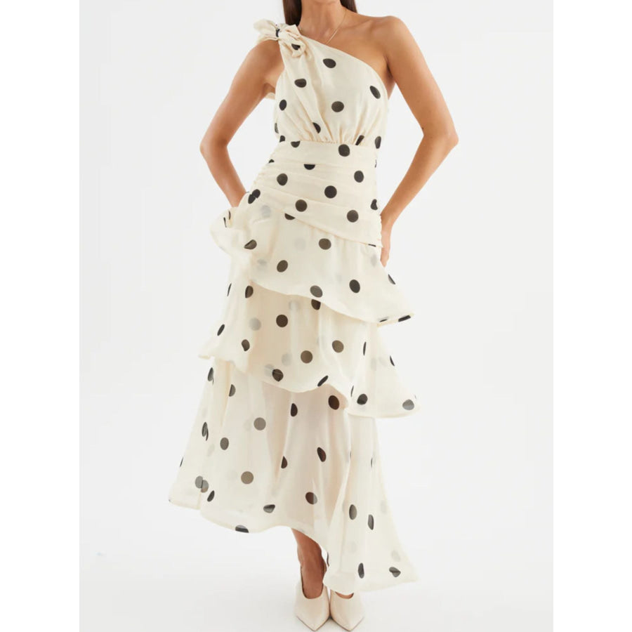 Polka Dot One-Shoulder Ruffle Dress Apricot / S Apparel and Accessories