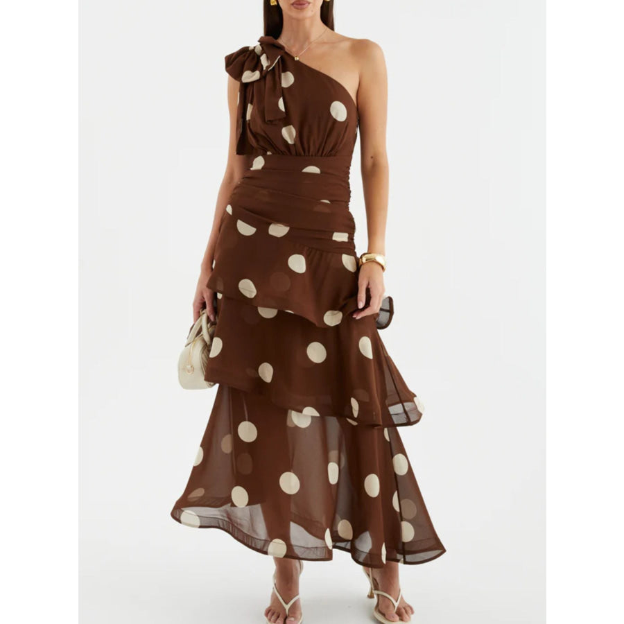Polka Dot One-Shoulder Ruffle Dress Brown / S Apparel and Accessories