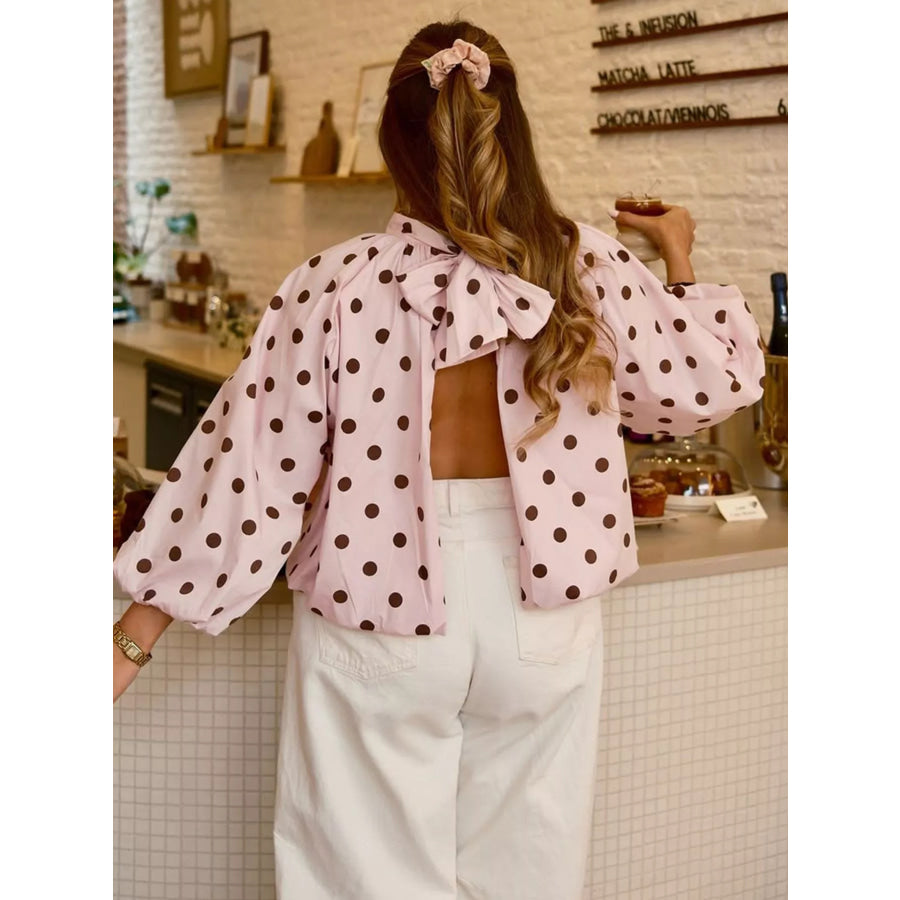 Polka Dot Open-Back Tied Blouse Pink / S Apparel and Accessories