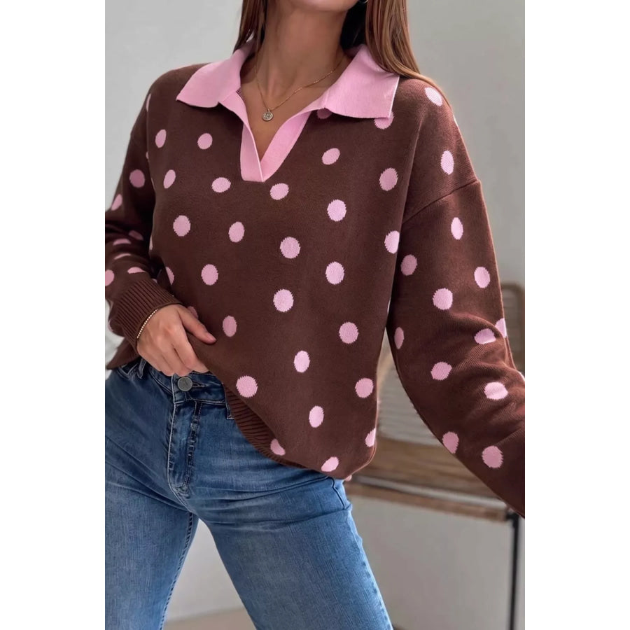 Polka Dot Pattern Color Block Collared Loose Pullover Sweater Apparel and Accessories