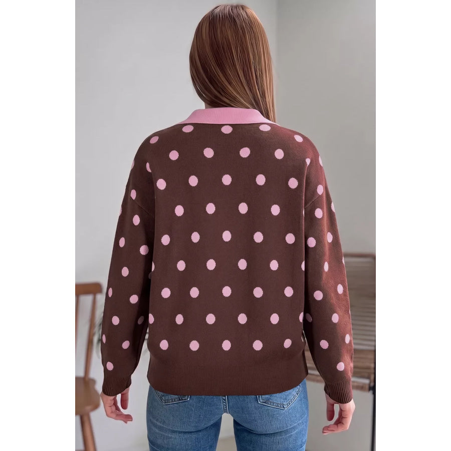 Polka Dot Pattern Color Block Collared Loose Pullover Sweater Apparel and Accessories
