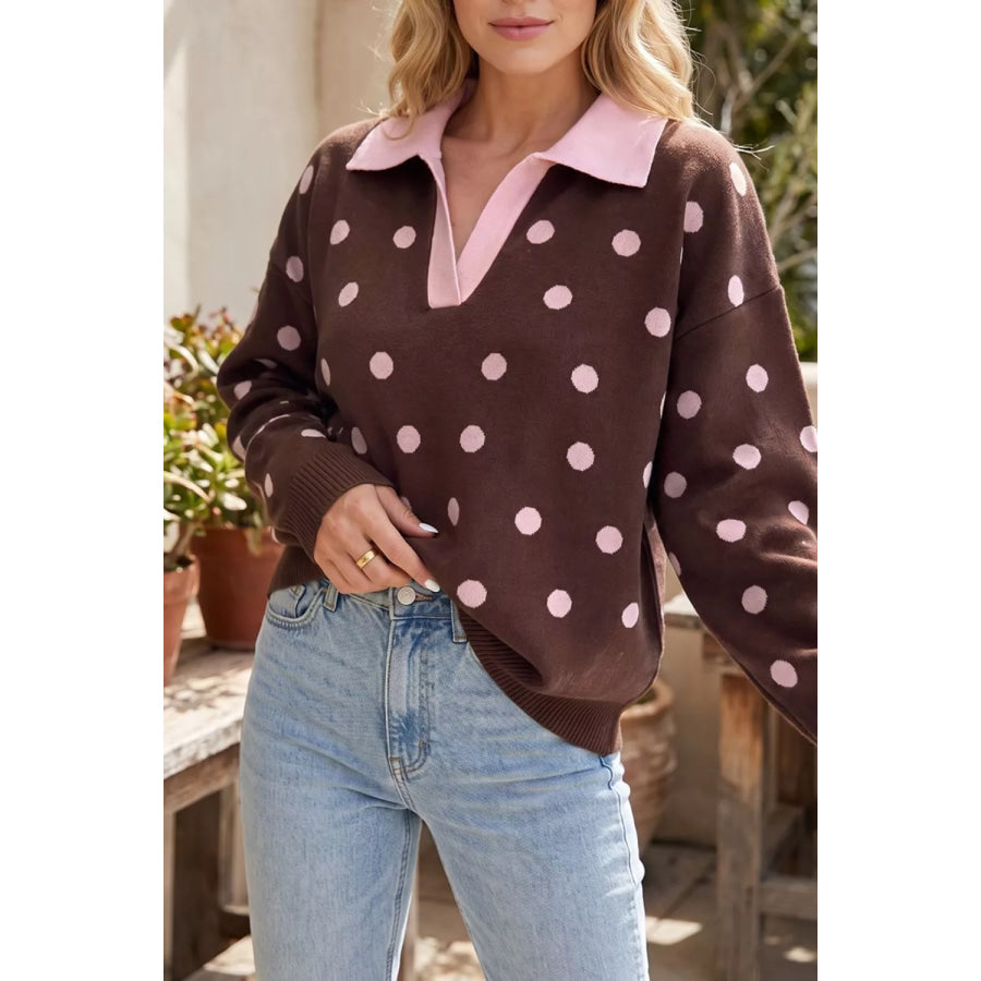 Polka Dot Pattern Color Block Collared Loose Pullover Sweater Dark Brown / S Apparel and Accessories