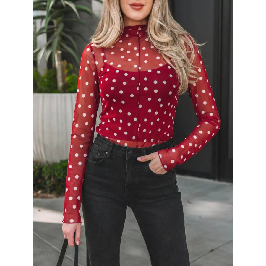 Polka Dot Patterned Bodycon Mock Neck Mesh Long Sleeve Top Apparel and Accessories