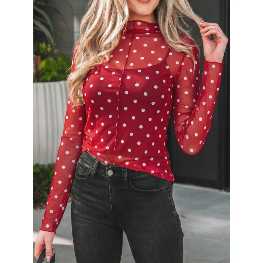Polka Dot Patterned Bodycon Mock Neck Mesh Long Sleeve Top Apparel and Accessories